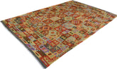 Flat Weave Kilim Antique Navaho Vintage handmade Geometric Kilim Red Gray Hand-Woven Rectangle 100% Wool Area Rug 7x10
